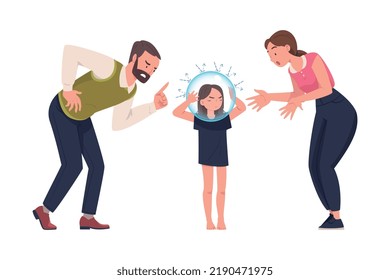 Mother and Father Shouting and Giving Lecture to Their Daughter Wearing Glass Bulb on Head Not Hearing Them as Problematic Communication and Misunderstanding Between Parent and Child Vector Illustration