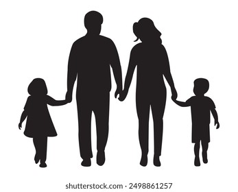 mother and father silhouette with two children walking hand in hand, family black vector illustration.