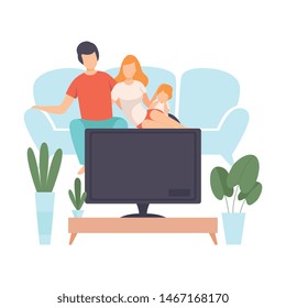 Mother, Father and Sin Sitting on Sofa and Watch Movie, Family in Everyday Life at Home Vector Illustration