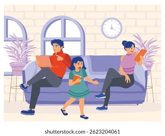 Mãe e pai sentados no sofá da sala estão muito focados em seus respectivos gadgets, então eles ignoram sua filha. pessoas surfando conceito de internet. Ilustração de vetor plano
