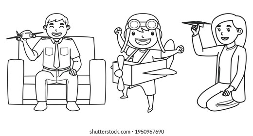 Mother, Father, and Son Characters Playing Toy Plane. Black and White Color. Coloring Book Illustration. Vector.
