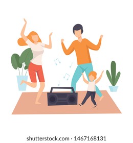 Mother, Father and Son Dancing Together, Parents and Their Son in Everyday Life at Home Vector Illustration