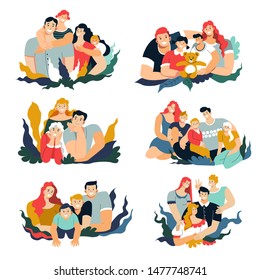 Mother and father, son and daughter, family portrait isolated characters vector. Wife and husband, children and parents, boy and girl. Relationship and friendship, sister and brother, abstract plants