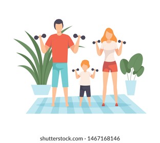 Mother, Father and Son Exercising with Dumbbells in Living Room, Family in Everyday Life at Home Vector Illustration