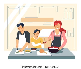 Mother father and son family cooking dinner at kitchen vector soup and chicken leg boy with carrot mom in apron mixing broth dad cutting cucumber food and culinary ingredient homemade dishes and meals
