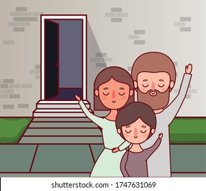 Mother father and son in front of wall with door design, Family relationship and generation theme Vector illustration