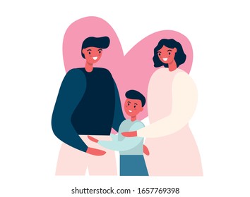 Mother, father and son hug each other. Happy family together. Flat vector illustration.
