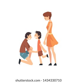 Mother, Father and Son, Father Kneeling before His Son, Happy Family Concept Cartoon Vector Illustration