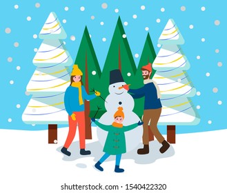 Mother, father and son making snowman together. Family walking in winter snowy forest or park. Parents and kid actively spend time on christmas holiday or weekend. Vector illustration in flat style