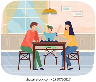 Mother, Father And Son Playing Board Game Together. Family Members Playing Chess At Home Together