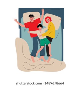 Mother, Father and Son Sleeping Together in Bed, Happy Family, Husband, Wife and Kid Embracing Each Other and Slumbering at Night View From Above Vector Illustration