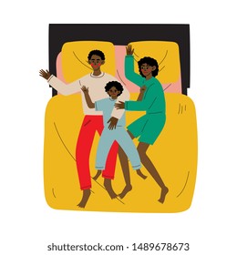 Mother, Father and Son Sleeping Together in Bed, African American Family, Husband, Wife and Kid Embracing Each Other and Slumbering at Night View From Above Vector Illustration