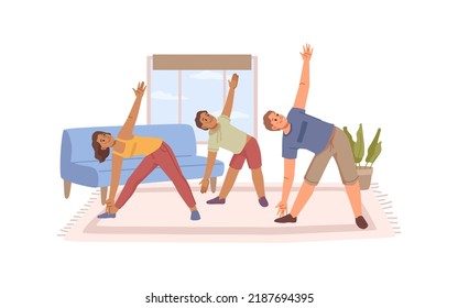 Mother, father and son stretching at home. Family doing gymnastics togethe. Vector kid and parent exercising in house, fitness training activity
