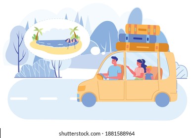 Mother, Father and Son Traveling by Car with Luggage on Roof Flat Cartoon Vector Illustration. Happy Family and Kid Having Summer Trip. Riding to Seaside with Palms. Going on Vacation.
