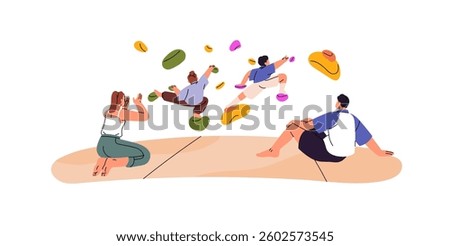 Mother and father support kids while bouldering training. Happy parents and children do alpinism on climbing wall. Family does sport together. Flat isolated vector illustration on white background