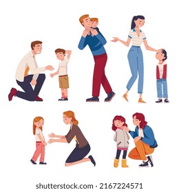 Mother and Father Talking to Their Child Supporting and Soothing Him Vector Set