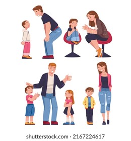 Mother and Father Talking to Their Child Supporting and Soothing Him Vector Set