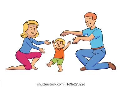 Mother and father teaching baby to walk. First kid steps. Mom dad playing with little child. Loving relationship and care. Children growth and development. Happy family moments. Vector illustration