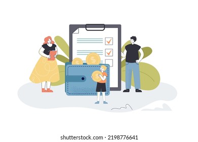 Mother and father teaching son financial literacy. Tiny child putting coins into big wallet flat vector illustration. Pocket money, family concept for banner, website design or landing web page