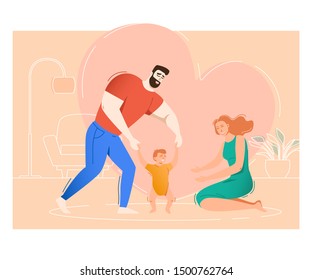 Mother and father teaching son to walk. Parents helping toddler to make his first steps. Family concept. Vector illustration for topics like love, childhood, development