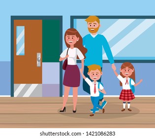 mother and father with their girl and boy students with backpack