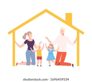 Mother, Father and Their Kids at Home, House Frame with Happy Family Inside Vector Illustration