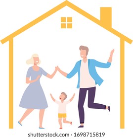 Mother, Father And Their Son Having Fun At Home, House Frame With Happy Family Inside Vector Illustration