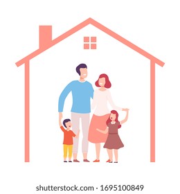 Mother, Father and Their Two Children at Home, House Frame with Happy Family Inside Vector Illustration