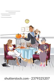  Mother, a father, thier  children and a grandfather, a grandmother spending time having their holiday family dinner. Hand drawn vector colorful flat illustration.