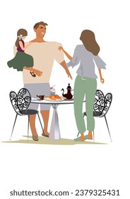  Mother, a father, thier  children  spending time having their holiday family dinner. Hand drawn vector colorful flat illustration.