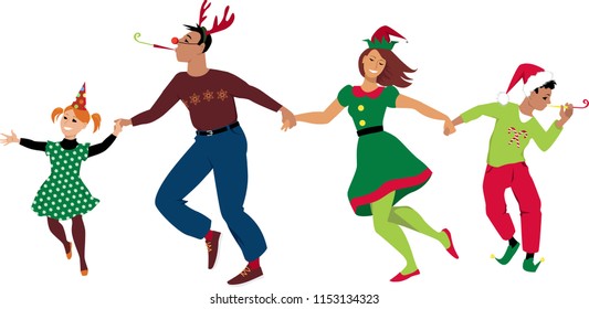 Mother, father and two children in Christmas costumes dancing together, celebrating the holidays, EPS 8 vector illustration