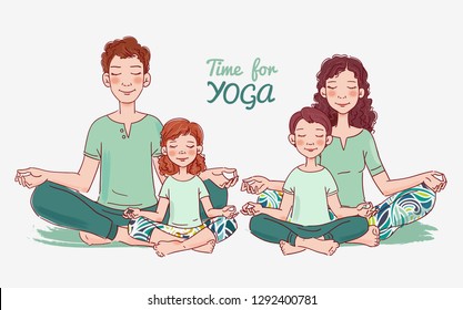 Mother, father and and two children doing yoga in lotus position. Family yoga vector illustration