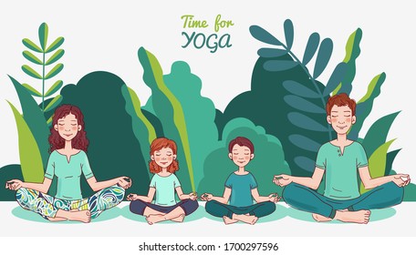 Mother, father and two children doing yoga in lotus position. Family yoga vector illustration. Summer landscape background