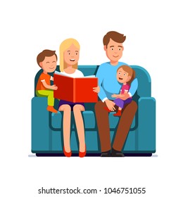 Mother & father with two kids family sitting on a couch together. Parent reading kids book aloud to a child. Flat style character isolated vector illustration on white