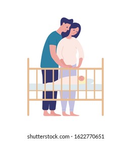 Mother and father watching at sleeping baby flat vector illustration. Parenting, family together isolated on white background. Parents cartoon characters and newborn design element. Child in crib.