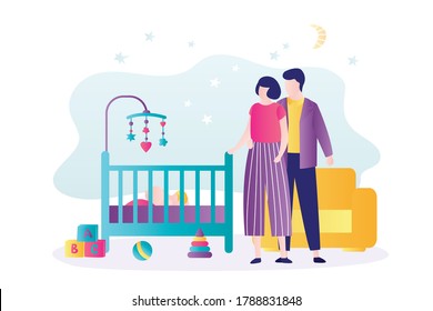 Mother and father watching at sleeping baby. Infant sleeps in crib. Concept of parenting, togetherness and child care. Family together. Cute children's room interior. Trendy flat vector illustration