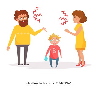 Mother and father yell at each other, baby is crying. Divorce. Vector. Cartoon. Isolated art on white background. Flat