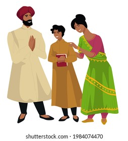 Mother And Father With Young Teenage Son Holding Book. Indian Family Of Mom And Dad With Kid. Mommy Embracing Grown Up Child. Parenthood And Childhood In Asian Countries. Vector In Flat Style