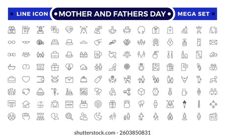 Mother and Fathers Day outline icon .Pregnancy, first days of life, supplies, healthcare, transportation and safety. 
