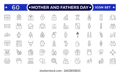 Mother and Fathers Day outline icon .Pregnancy, first days of life, supplies, healthcare, transportation and safety. 
