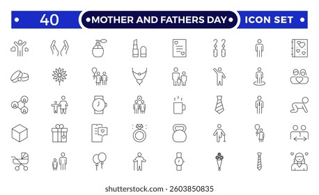 Mother and Fathers Day outline icon .Pregnancy, first days of life, supplies, healthcare, transportation and safety. 
