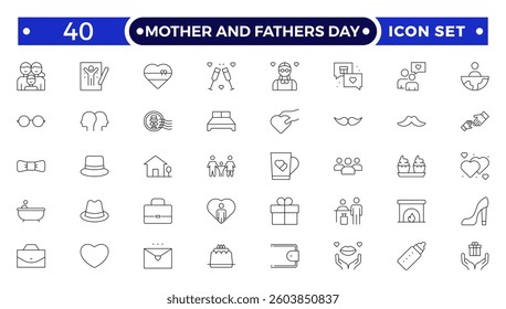 Mother and Fathers Day outline icon .Pregnancy, first days of life, supplies, healthcare, transportation and safety. 
