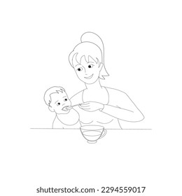 Mother feed child.Vector illustration. Black and white