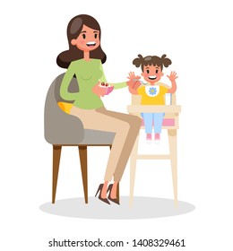 Mother feed her little baby sitting in highchair. Kid eating food. Healthy nutrition for toddler. Isolated vector illustration in cartoon style