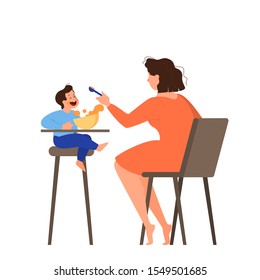 Mother feed her little baby sitting in highchair. Kid eating food. Healthy nutrition for toddler. Isolated vector illustration in cartoon style