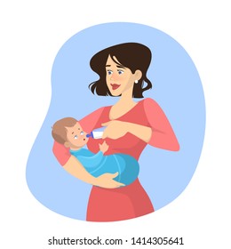 Mother Feed Little Baby Using Bottle. Milk For The Newborn. Mom Holding Kid. Parenthood Concept. Isolated Vector Illustration In Cartoon Style