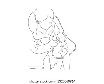 The Mother Is Feeding The Baby With A Bottle.drawing With Line-art On White Backgrounds.vector Illustration.