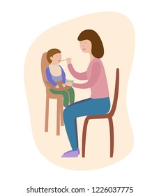 Mother feeding baby boy with spoon. Flat vector Illustration 