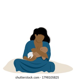 Mother feeding a baby. Breastfeeding illustration, Concept vector illustration in cartoon style. Afro woman in blue dress and child. Isolated on white background.