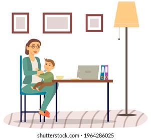 Mother feeding baby child sitting on her knees. Holding hands with spoon going to mouth. Mom gives her son porridge. Family having lunch in kitchen together. Parent feeds little son with spoon